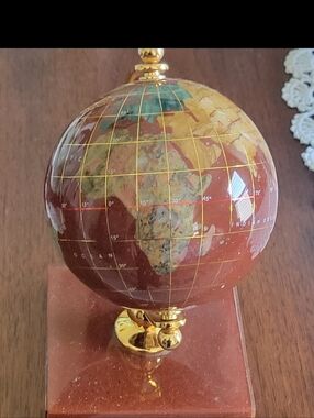 Vintage 8"  Gemstone Inlay Globe on Marble Base
